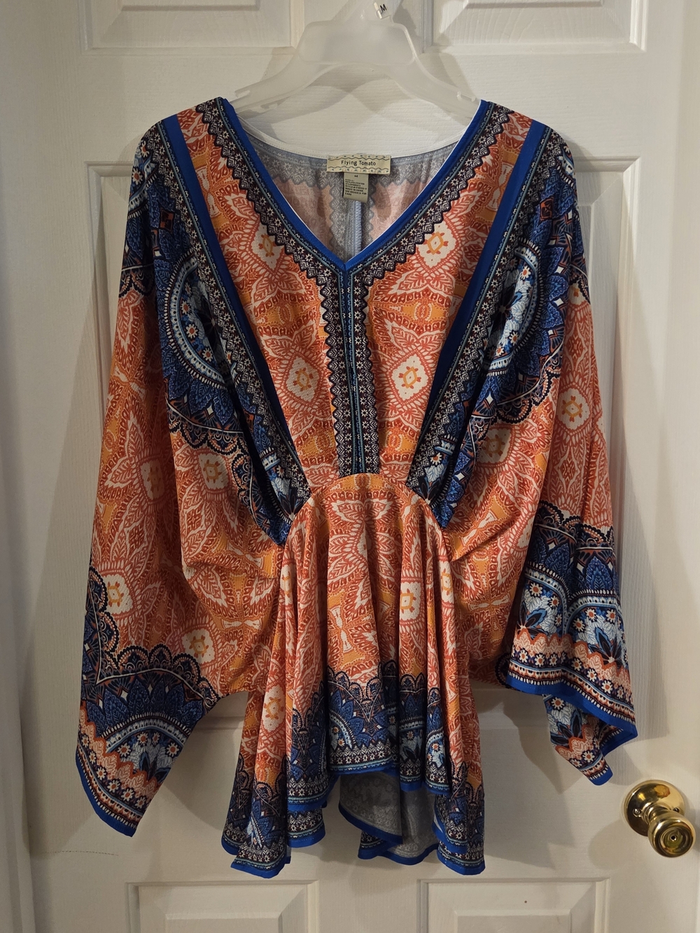 Flying Tomato Orange and Blue Boho V-Neck Peplum Tunic